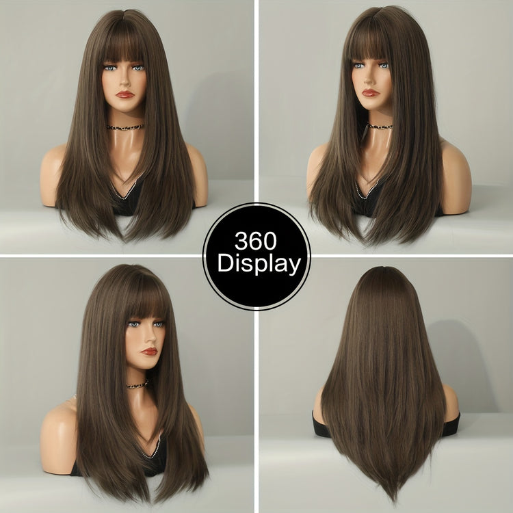 Long Straight Brown Wig For Women Daily Cosplay Use Natural Synthetic Layer Wigs With Bangs Heat Resistant High Quality - Lena & Miles Exquisite Boutique LLC.