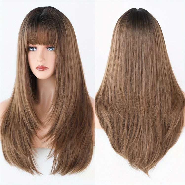 Long Straight Brown Wig For Women Daily Cosplay Use Natural Synthetic Layer Wigs With Bangs Heat Resistant High Quality - Lena & Miles Exquisite Boutique LLC.