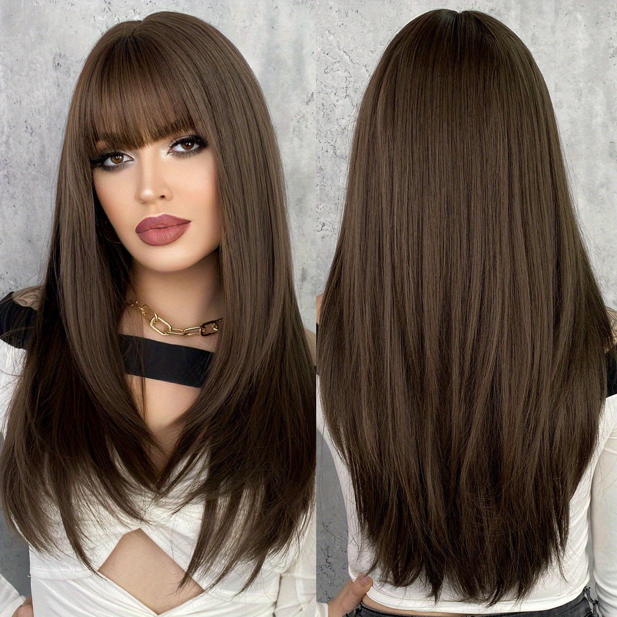Long Straight Brown Wig For Women Daily Cosplay Use Natural Synthetic Layer Wigs With Bangs Heat Resistant High Quality - Lena & Miles Exquisite Boutique LLC.