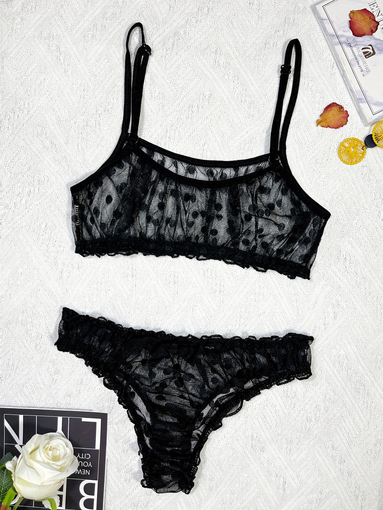 Elegant Polka Dot Mesh Unlined Bra & Panty Set - Sexy Semi-Sheer Lingerie with Bow Detail, Comfortable Knit - Lena & Miles Exquisite Boutique LLC.