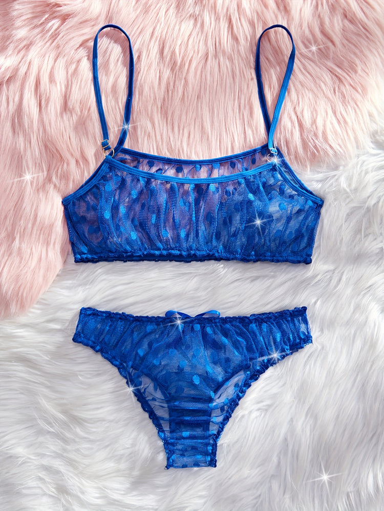 Elegant Polka Dot Mesh Unlined Bra & Panty Set - Sexy Semi-Sheer Lingerie with Bow Detail, Comfortable Knit - Lena & Miles Exquisite Boutique LLC.