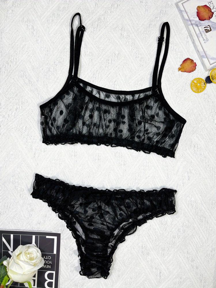 Elegant Polka Dot Mesh Unlined Bra & Panty Set - Sexy Semi-Sheer Lingerie with Bow Detail, Comfortable Knit - Lena & Miles Exquisite Boutique LLC.