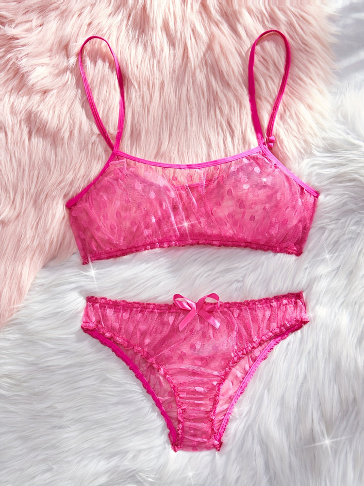 Elegant Polka Dot Mesh Unlined Bra & Panty Set - Sexy Semi-Sheer Lingerie with Bow Detail, Comfortable Knit - Lena & Miles Exquisite Boutique LLC.