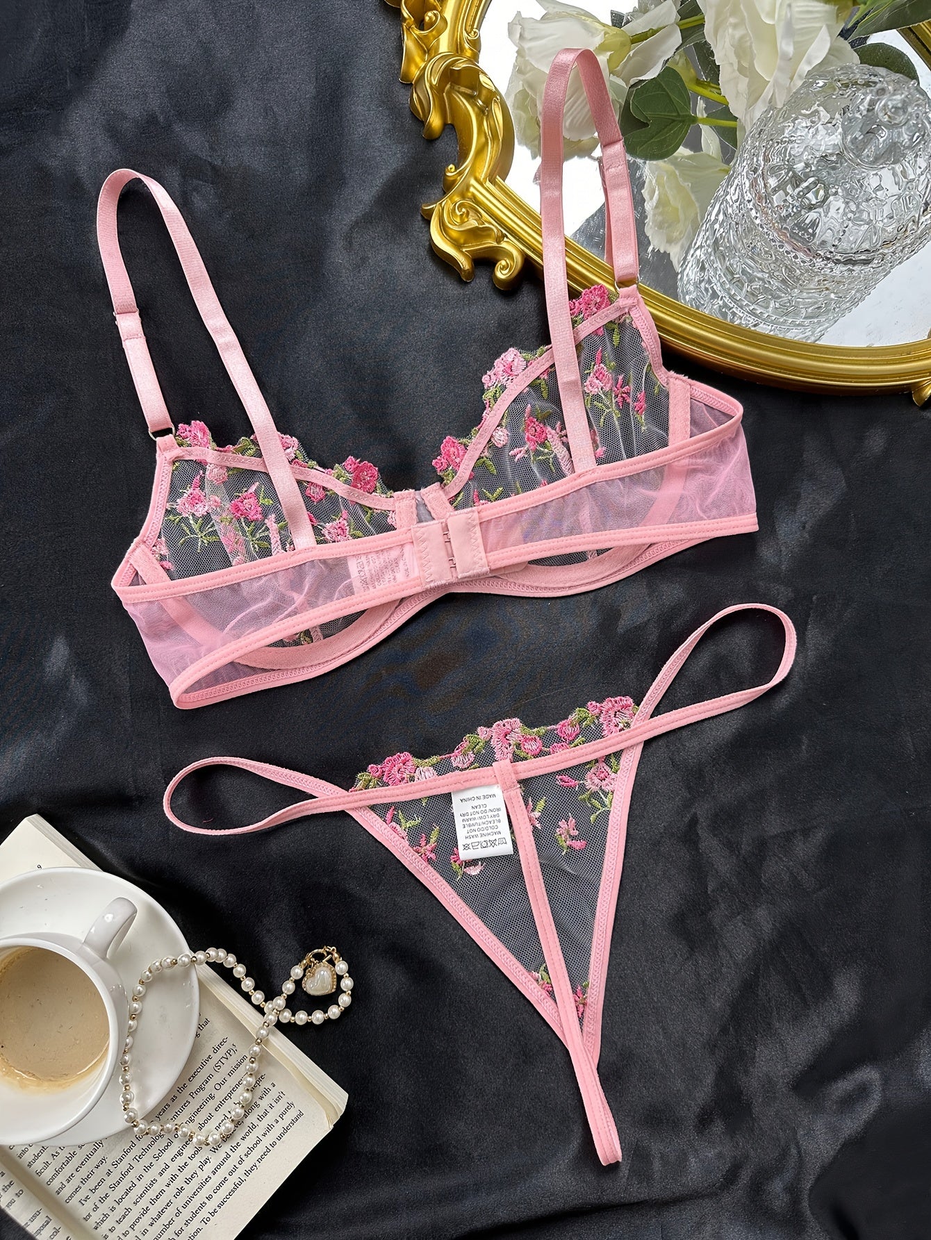 Romantic Floral Embroidered Lingerie Set - Lightweight Sheer Bra & Seductive Mesh Thong - Unlined, Feminine & Sexy Underwear for Women - Lena & Miles Exquisite Boutique LLC.
