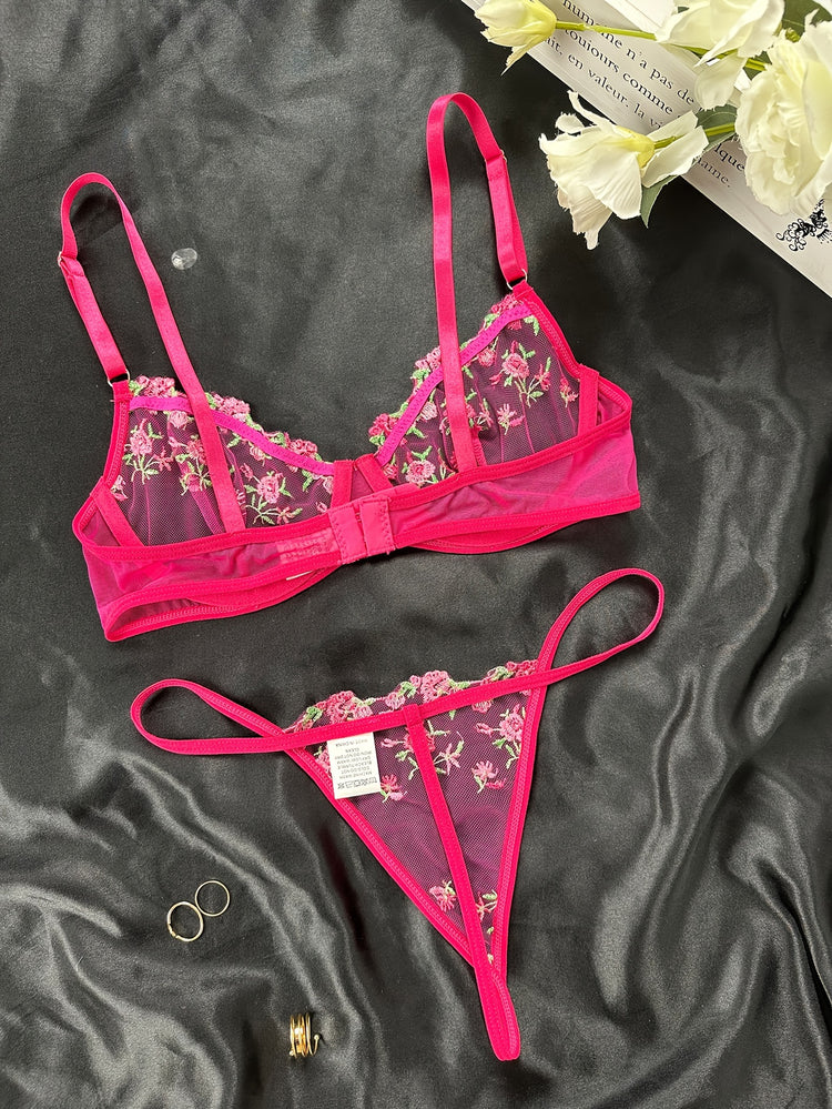 Romantic Floral Embroidered Lingerie Set - Lightweight Sheer Bra & Seductive Mesh Thong - Unlined, Feminine & Sexy Underwear for Women - Lena & Miles Exquisite Boutique LLC.