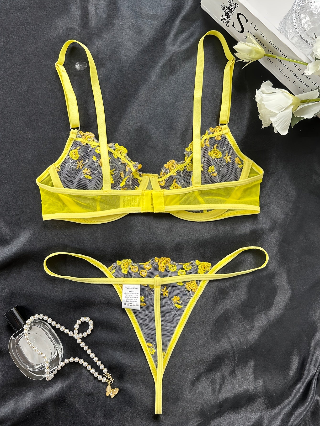 Romantic Floral Embroidered Lingerie Set - Lightweight Sheer Bra & Seductive Mesh Thong - Unlined, Feminine & Sexy Underwear for Women - Lena & Miles Exquisite Boutique LLC.