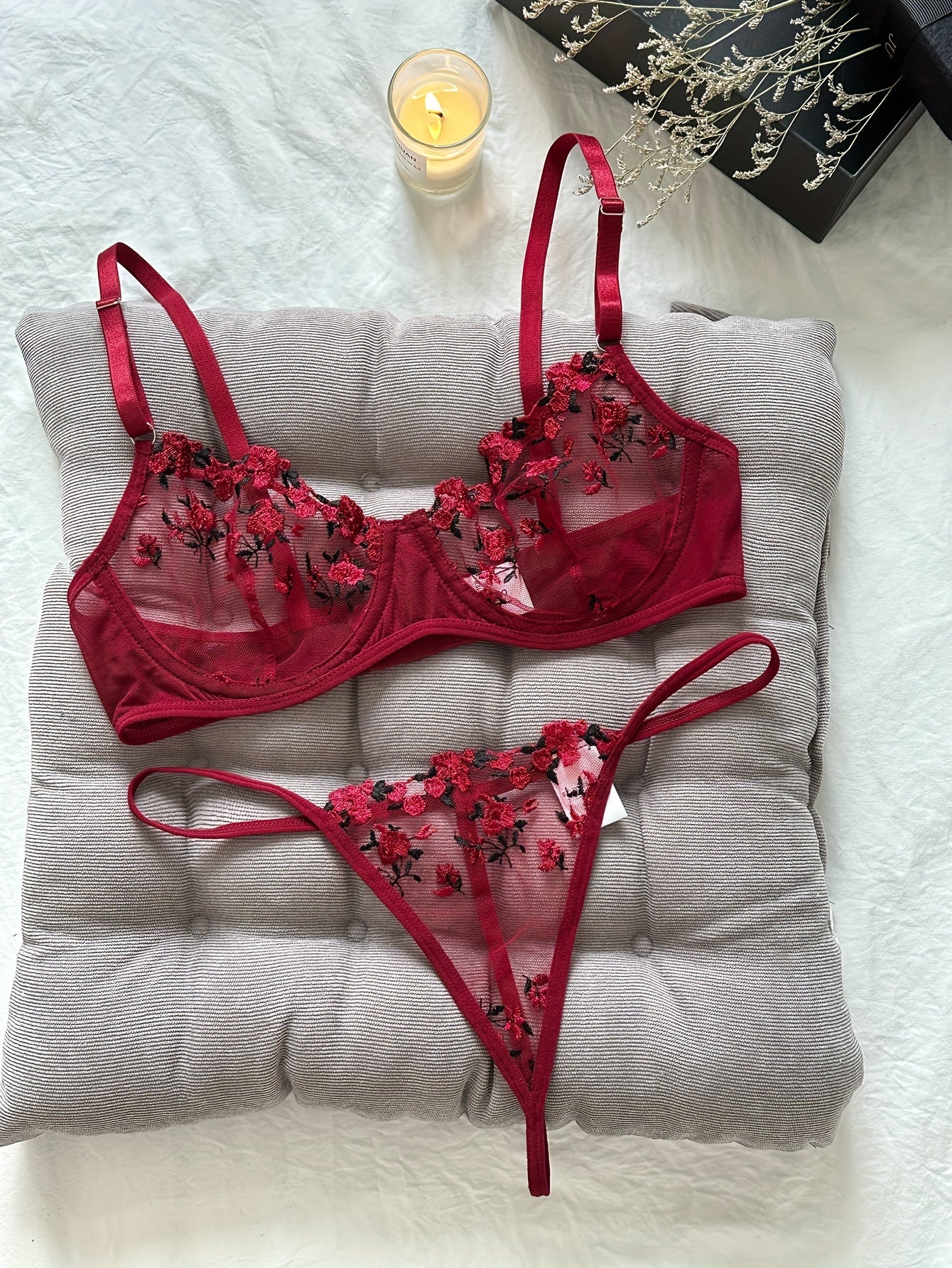 Romantic Floral Embroidered Lingerie Set - Lightweight Sheer Bra & Seductive Mesh Thong - Unlined, Feminine & Sexy Underwear for Women - Lena & Miles Exquisite Boutique LLC.