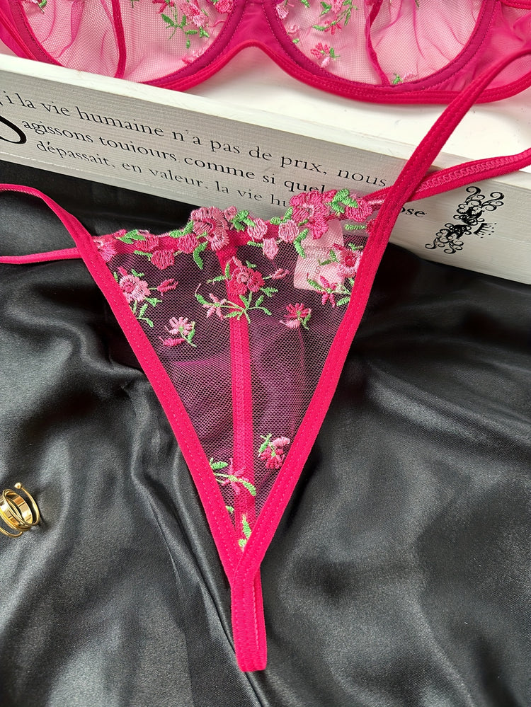 Romantic Floral Embroidered Lingerie Set - Lightweight Sheer Bra & Seductive Mesh Thong - Unlined, Feminine & Sexy Underwear for Women - Lena & Miles Exquisite Boutique LLC.