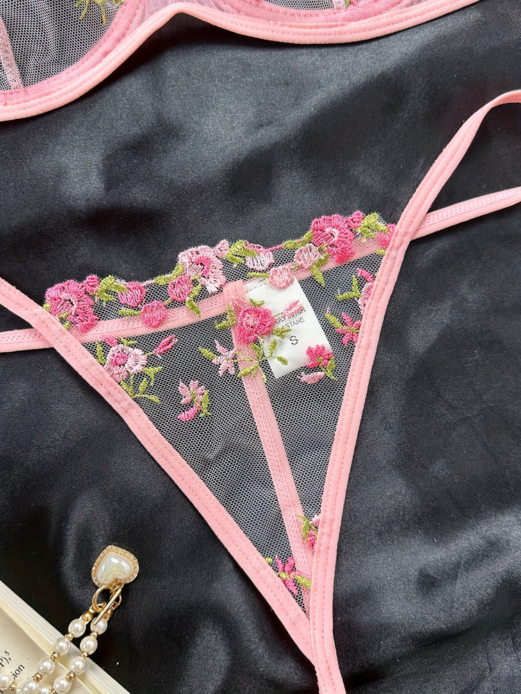 Romantic Floral Embroidered Lingerie Set - Lightweight Sheer Bra & Seductive Mesh Thong - Unlined, Feminine & Sexy Underwear for Women - Lena & Miles Exquisite Boutique LLC.