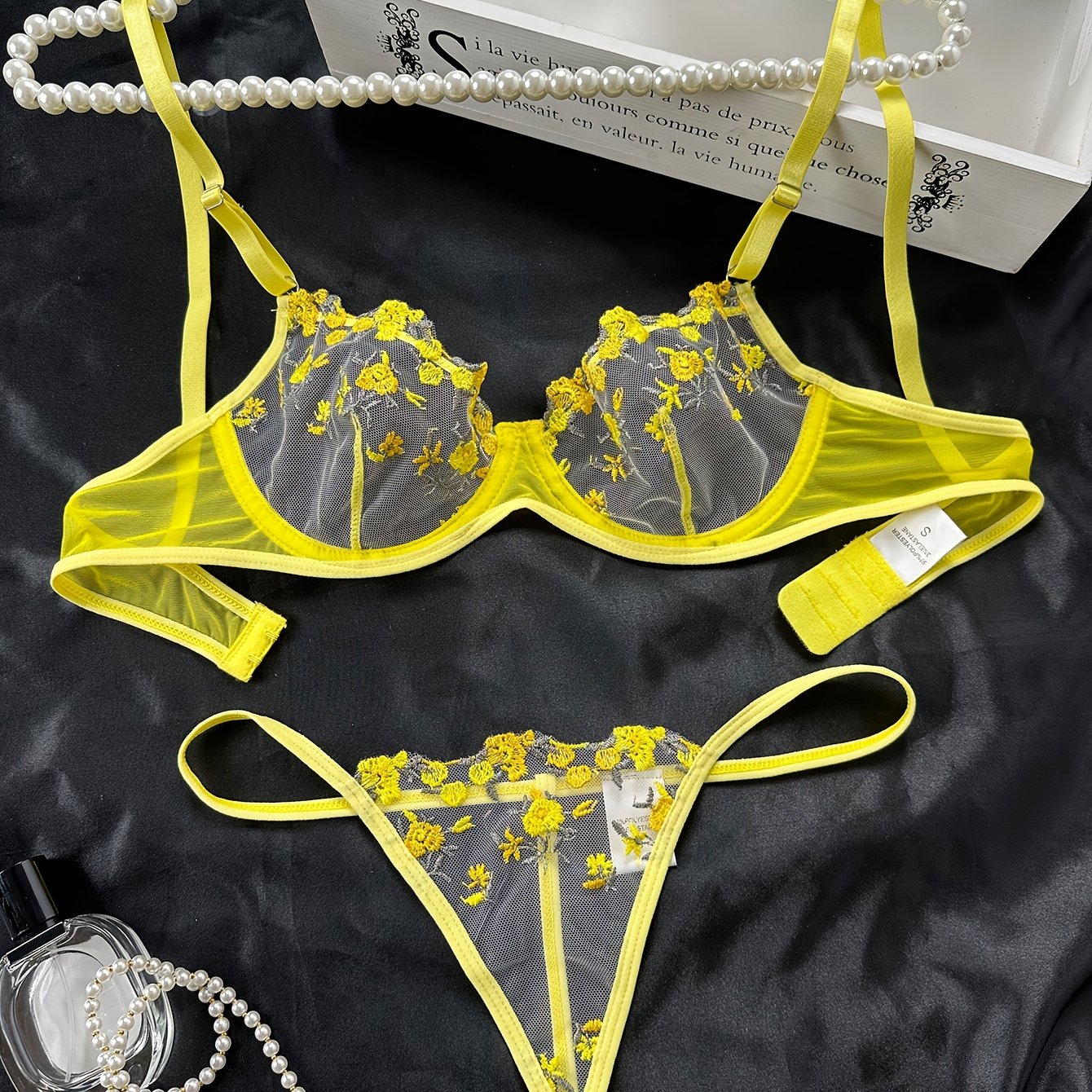 Romantic Floral Embroidered Lingerie Set - Lightweight Sheer Bra & Seductive Mesh Thong - Unlined, Feminine & Sexy Underwear for Women - Lena & Miles Exquisite Boutique LLC.