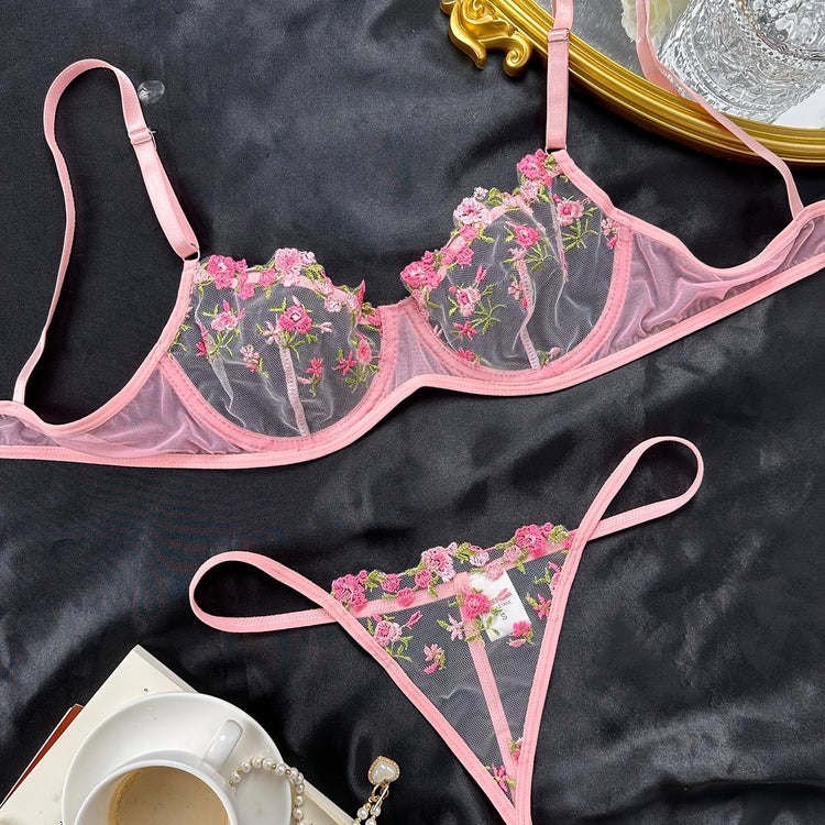 Romantic Floral Embroidered Lingerie Set - Lightweight Sheer Bra & Seductive Mesh Thong - Unlined, Feminine & Sexy Underwear for Women - Lena & Miles Exquisite Boutique LLC.
