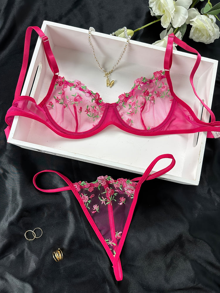 Romantic Floral Embroidered Lingerie Set - Lightweight Sheer Bra & Seductive Mesh Thong - Unlined, Feminine & Sexy Underwear for Women - Lena & Miles Exquisite Boutique LLC.