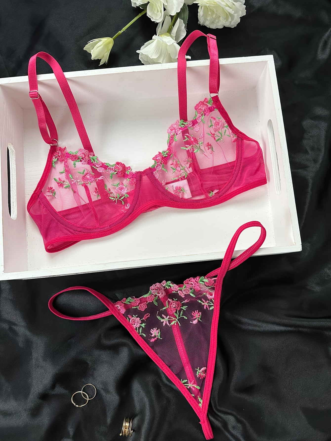 Romantic Floral Embroidered Lingerie Set - Lightweight Sheer Bra & Seductive Mesh Thong - Unlined, Feminine & Sexy Underwear for Women - Lena & Miles Exquisite Boutique LLC.