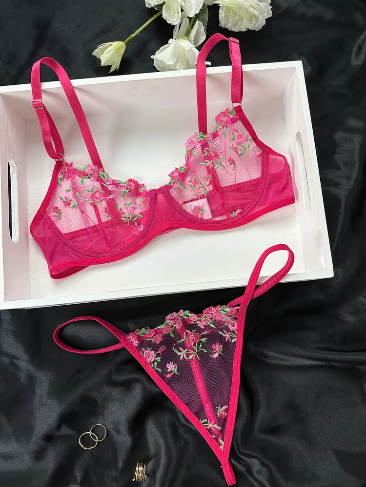 Romantic Floral Embroidered Lingerie Set - Lightweight Sheer Bra & Seductive Mesh Thong - Unlined, Feminine & Sexy Underwear for Women - Lena & Miles Exquisite Boutique LLC.