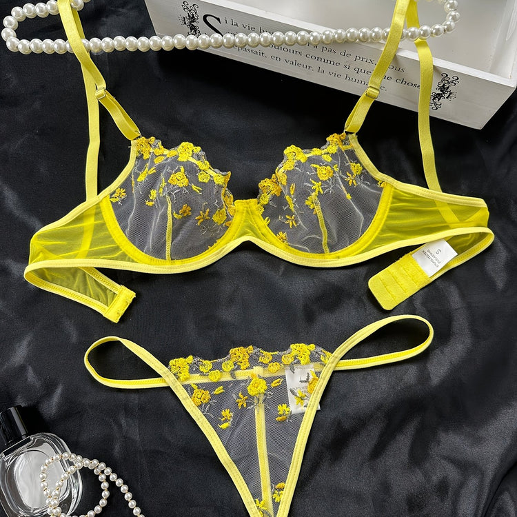 Romantic Floral Embroidered Lingerie Set - Lightweight Sheer Bra & Seductive Mesh Thong - Unlined, Feminine & Sexy Underwear for Women - Lena & Miles Exquisite Boutique LLC.