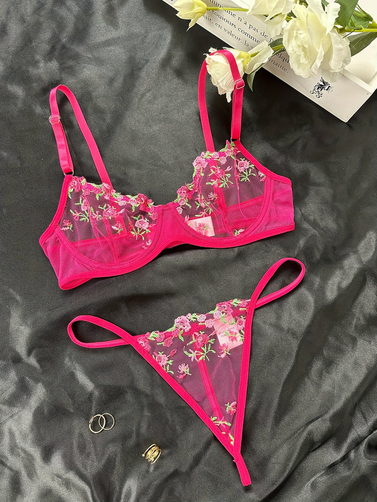 Romantic Floral Embroidered Lingerie Set - Lightweight Sheer Bra & Seductive Mesh Thong - Unlined, Feminine & Sexy Underwear for Women - Lena & Miles Exquisite Boutique LLC.
