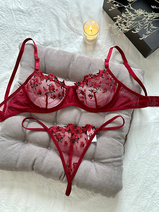 Romantic Floral Embroidered Lingerie Set - Lightweight Sheer Bra & Seductive Mesh Thong - Unlined, Feminine & Sexy Underwear for Women - Lena & Miles Exquisite Boutique LLC.