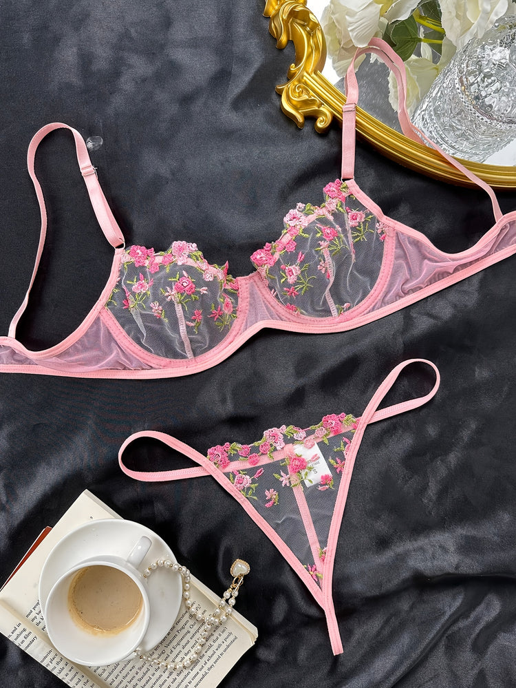 Romantic Floral Embroidered Lingerie Set - Lightweight Sheer Bra & Seductive Mesh Thong - Unlined, Feminine & Sexy Underwear for Women - Lena & Miles Exquisite Boutique LLC.