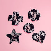 2 Pairs Ultra-Thin Sexy Black Lace Nipple Patches - Disposable, Breathable & Traceless, Snakeskin Pattern in Cross, Floral & Star Shapes for Women&