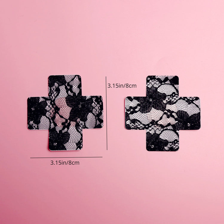 2 Pairs Ultra-Thin Sexy Black Lace Nipple Patches - Disposable, Breathable & Traceless, Snakeskin Pattern in Cross, Floral & Star Shapes for Women&
