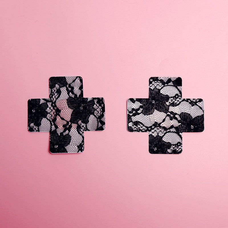 2 Pairs Ultra-Thin Sexy Black Lace Nipple Patches - Disposable, Breathable & Traceless, Snakeskin Pattern in Cross, Floral & Star Shapes for Women&