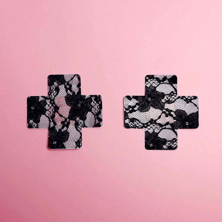 2 Pairs Ultra-Thin Sexy Black Lace Nipple Patches - Disposable, Breathable & Traceless, Snakeskin Pattern in Cross, Floral & Star Shapes for Women&