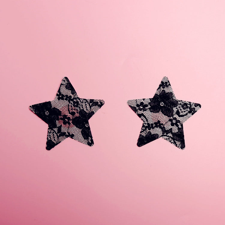 2 Pairs Ultra-Thin Sexy Black Lace Nipple Patches - Disposable, Breathable & Traceless, Snakeskin Pattern in Cross, Floral & Star Shapes for Women&