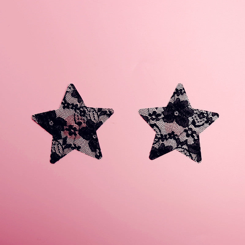 2 Pairs Ultra-Thin Sexy Black Lace Nipple Patches - Disposable, Breathable & Traceless, Snakeskin Pattern in Cross, Floral & Star Shapes for Women&