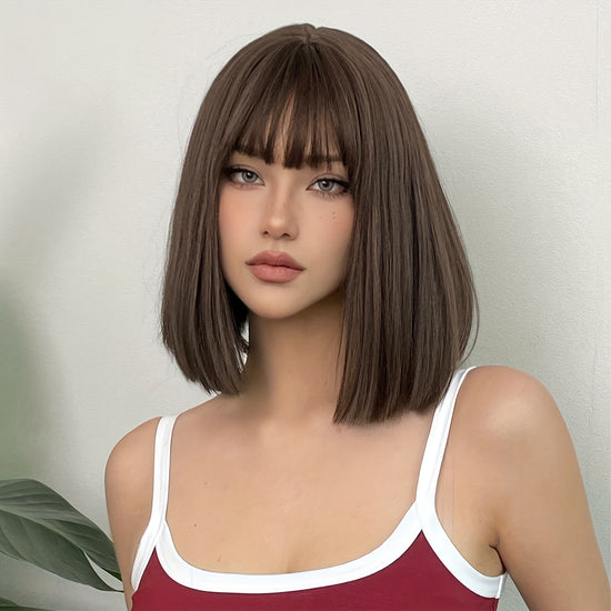 Brown 14 Inch Bob Short Straight Hair Wigs With Bangs Cute Synthetic Fiber Women&