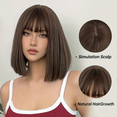 Brown 14 Inch Bob Short Straight Hair Wigs With Bangs Cute Synthetic Fiber Women&