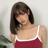 Brown 14 Inch Bob Short Straight Hair Wigs With Bangs Cute Synthetic Fiber Women&