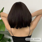Brown 14 Inch Bob Short Straight Hair Wigs With Bangs Cute Synthetic Fiber Women&