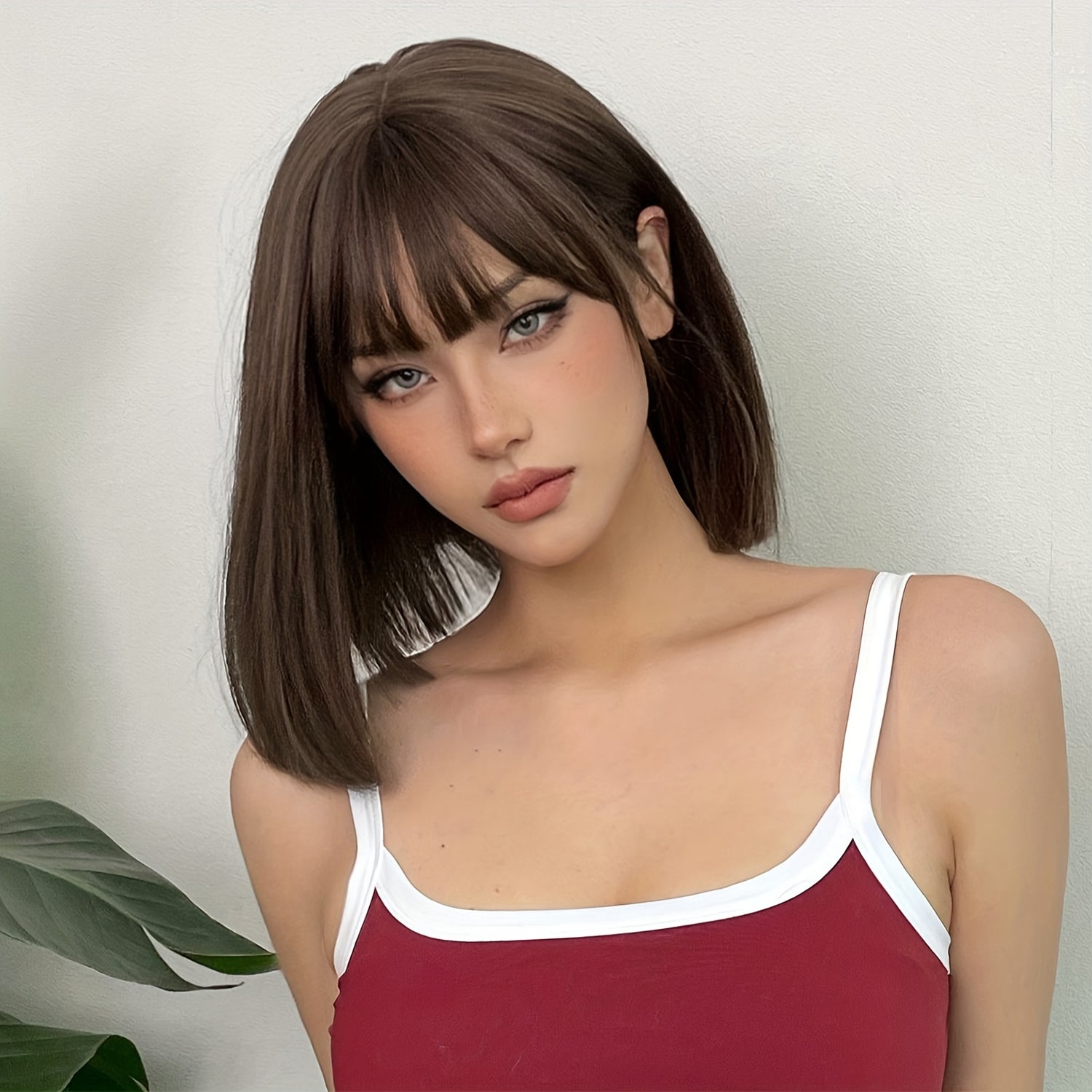 Brown 14 Inch Bob Short Straight Hair Wigs With Bangs Cute Synthetic Fiber Women&
