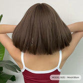 Brown 14 Inch Bob Short Straight Hair Wigs With Bangs Cute Synthetic Fiber Women&