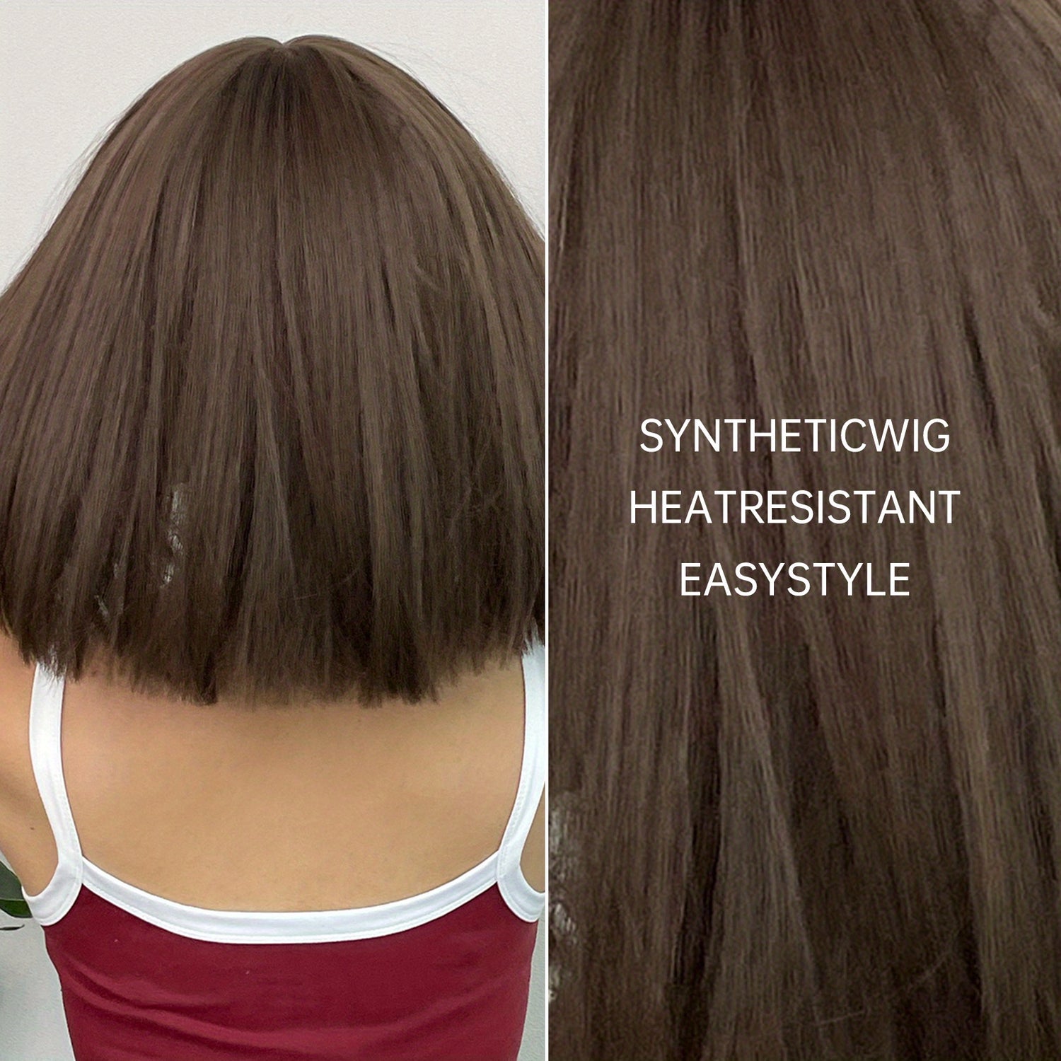 Brown 14 Inch Bob Short Straight Hair Wigs With Bangs Cute Synthetic Fiber Women&