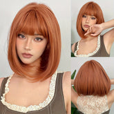 Brown 14 Inch Bob Short Straight Hair Wigs With Bangs Cute Synthetic Fiber Women&