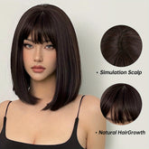 Brown 14 Inch Bob Short Straight Hair Wigs With Bangs Cute Synthetic Fiber Women&