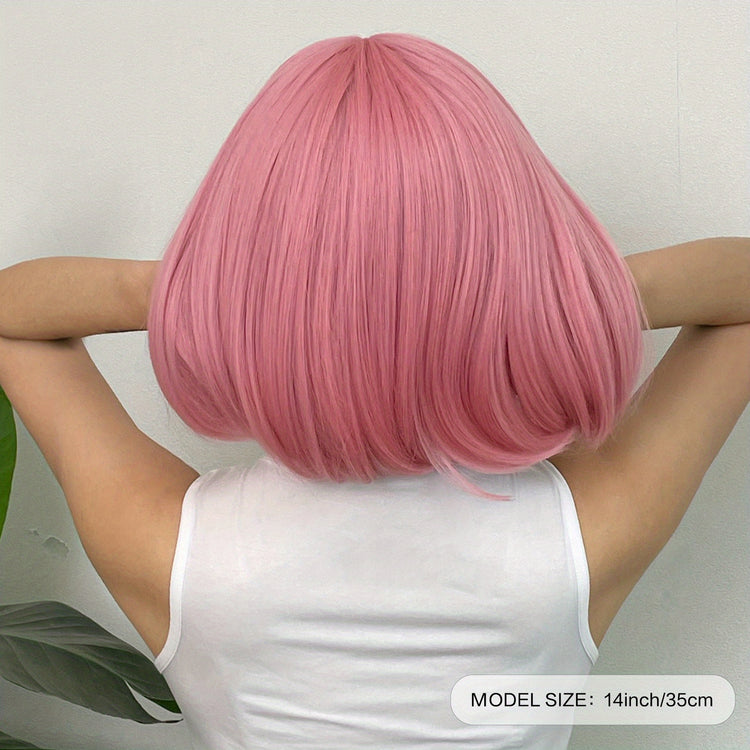 Brown 14 Inch Bob Short Straight Hair Wigs With Bangs Cute Synthetic Fiber Women&