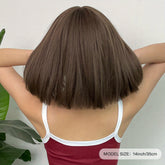 Brown 14 Inch Bob Short Straight Hair Wigs With Bangs Cute Synthetic Fiber Women&