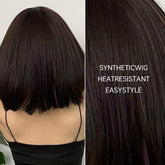 Brown 14 Inch Bob Short Straight Hair Wigs With Bangs Cute Synthetic Fiber Women&