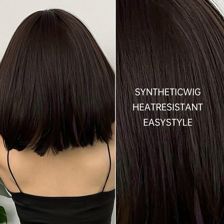 Brown 14 Inch Bob Short Straight Hair Wigs With Bangs Cute Synthetic Fiber Women&