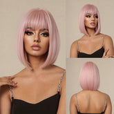 Brown 14 Inch Bob Short Straight Hair Wigs With Bangs Cute Synthetic Fiber Women&