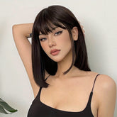 Brown 14 Inch Bob Short Straight Hair Wigs With Bangs Cute Synthetic Fiber Women&