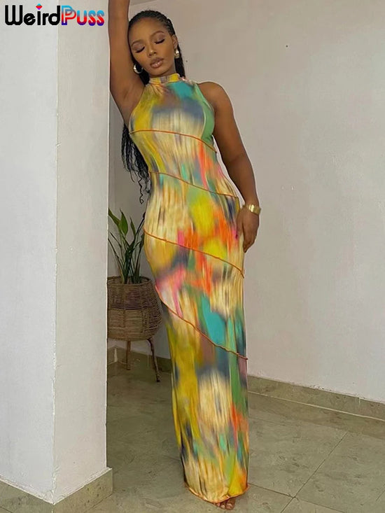 Weird Puss Colorful Print Dress Women Summer Trend Sleeveless Patchwork Skinny Elastic Bodycon Birthday Party Clubwear Vestidos - Lena & Miles Exquisite Boutique LLC.
