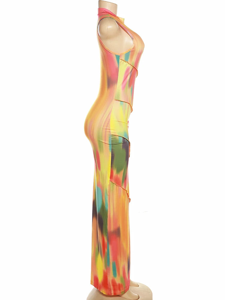 Weird Puss Colorful Print Dress Women Summer Trend Sleeveless Patchwork Skinny Elastic Bodycon Birthday Party Clubwear Vestidos - Lena & Miles Exquisite Boutique LLC.