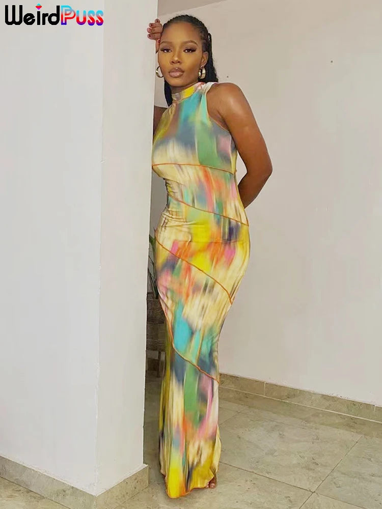 Weird Puss Colorful Print Dress Women Summer Trend Sleeveless Patchwork Skinny Elastic Bodycon Birthday Party Clubwear Vestidos - Lena & Miles Exquisite Boutique LLC.
