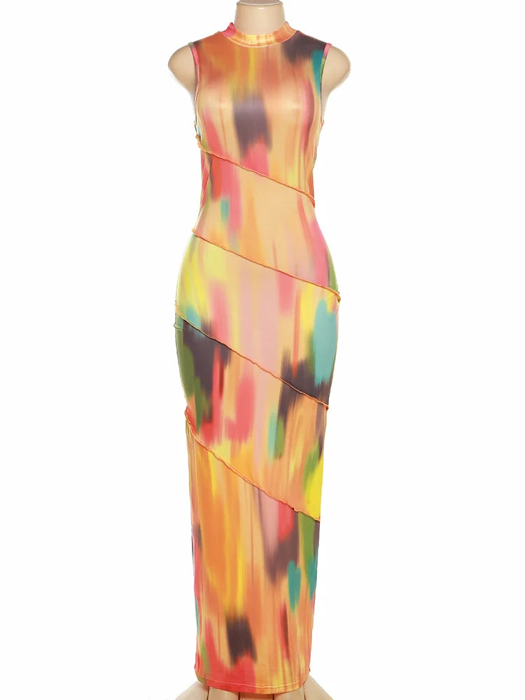 Weird Puss Colorful Print Dress Women Summer Trend Sleeveless Patchwork Skinny Elastic Bodycon Birthday Party Clubwear Vestidos - Lena & Miles Exquisite Boutique LLC.