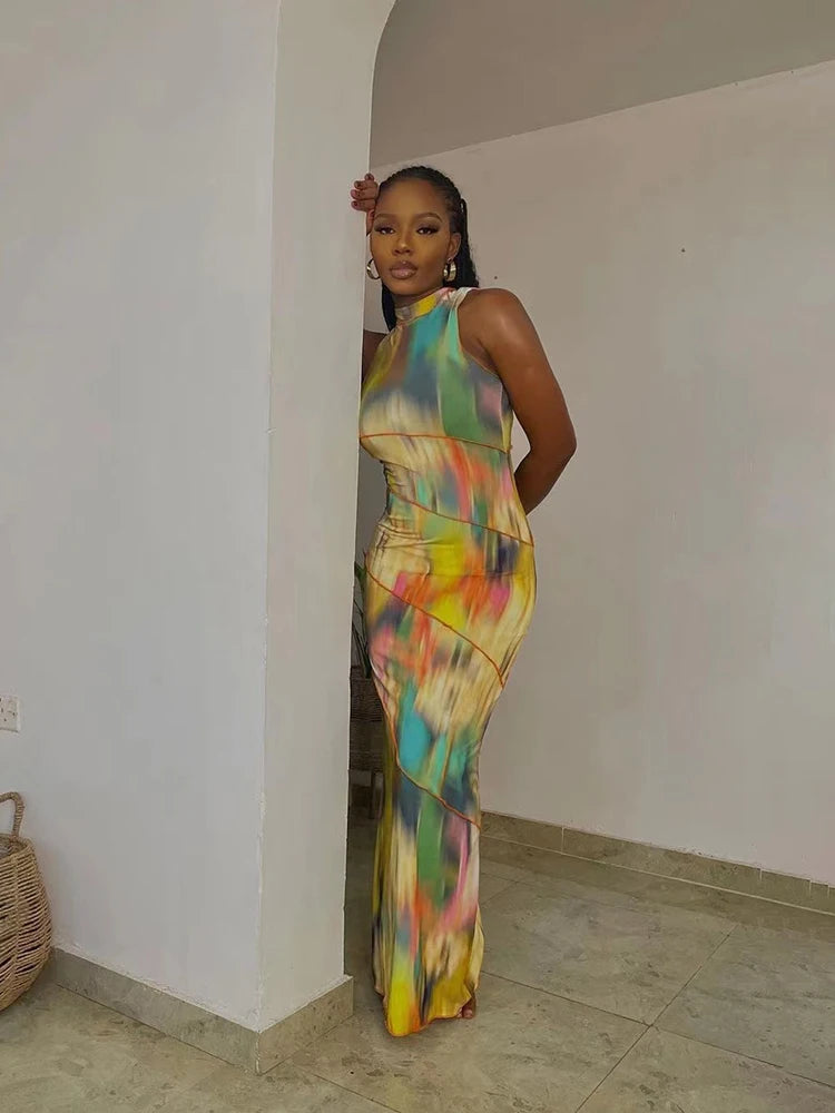 Weird Puss Colorful Print Dress Women Summer Trend Sleeveless Patchwork Skinny Elastic Bodycon Birthday Party Clubwear Vestidos - Lena & Miles Exquisite Boutique LLC.