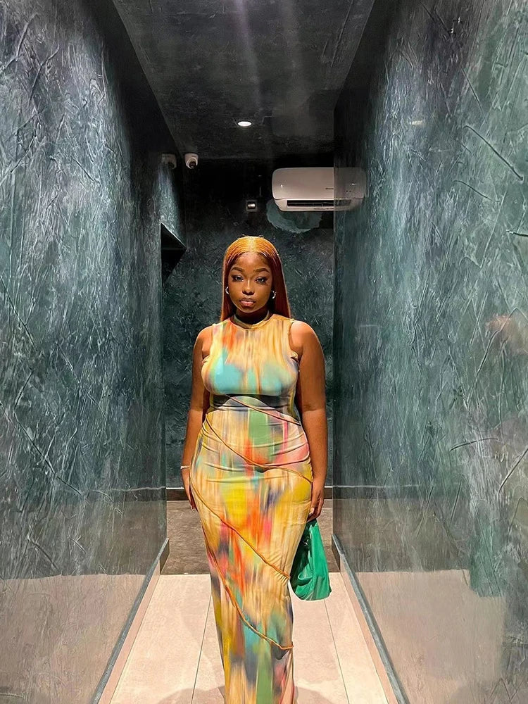 Weird Puss Colorful Print Dress Women Summer Trend Sleeveless Patchwork Skinny Elastic Bodycon Birthday Party Clubwear Vestidos - Lena & Miles Exquisite Boutique LLC.