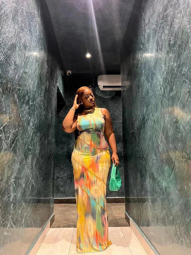 Weird Puss Colorful Print Dress Women Summer Trend Sleeveless Patchwork Skinny Elastic Bodycon Birthday Party Clubwear Vestidos - Lena & Miles Exquisite Boutique LLC.